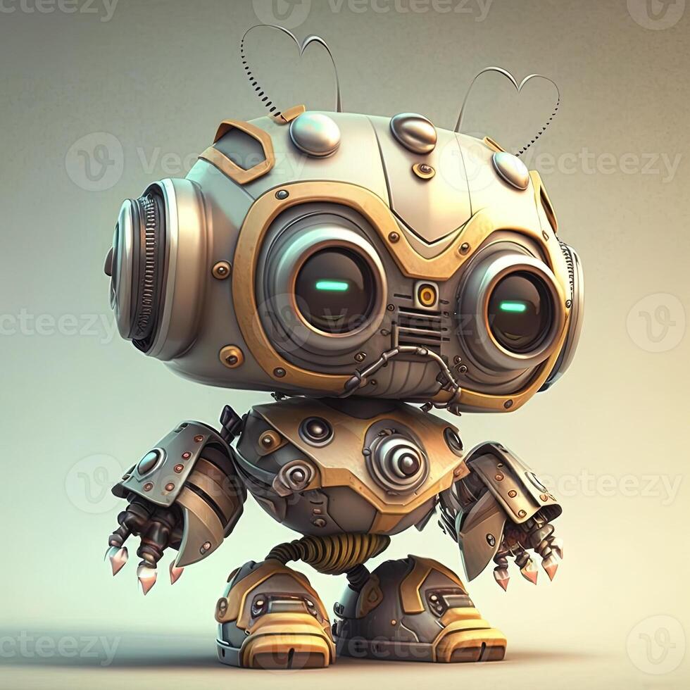 Cute white smiling robotic teen mini unit robot toy gesturing. Cute robot on a white backdrop with a pointing hand and a winking eye. technological idea. photo