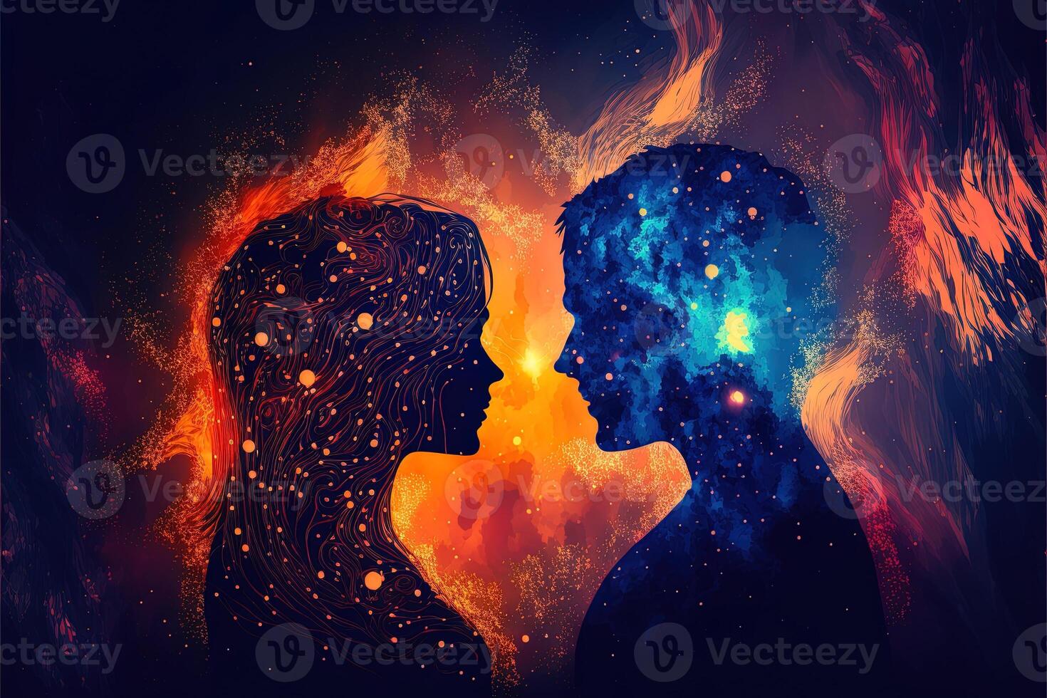 Man and woman silhouettes at abstract cosmic background. Human souls couple in love. Astral body, esoteric and spiritual life concept photo