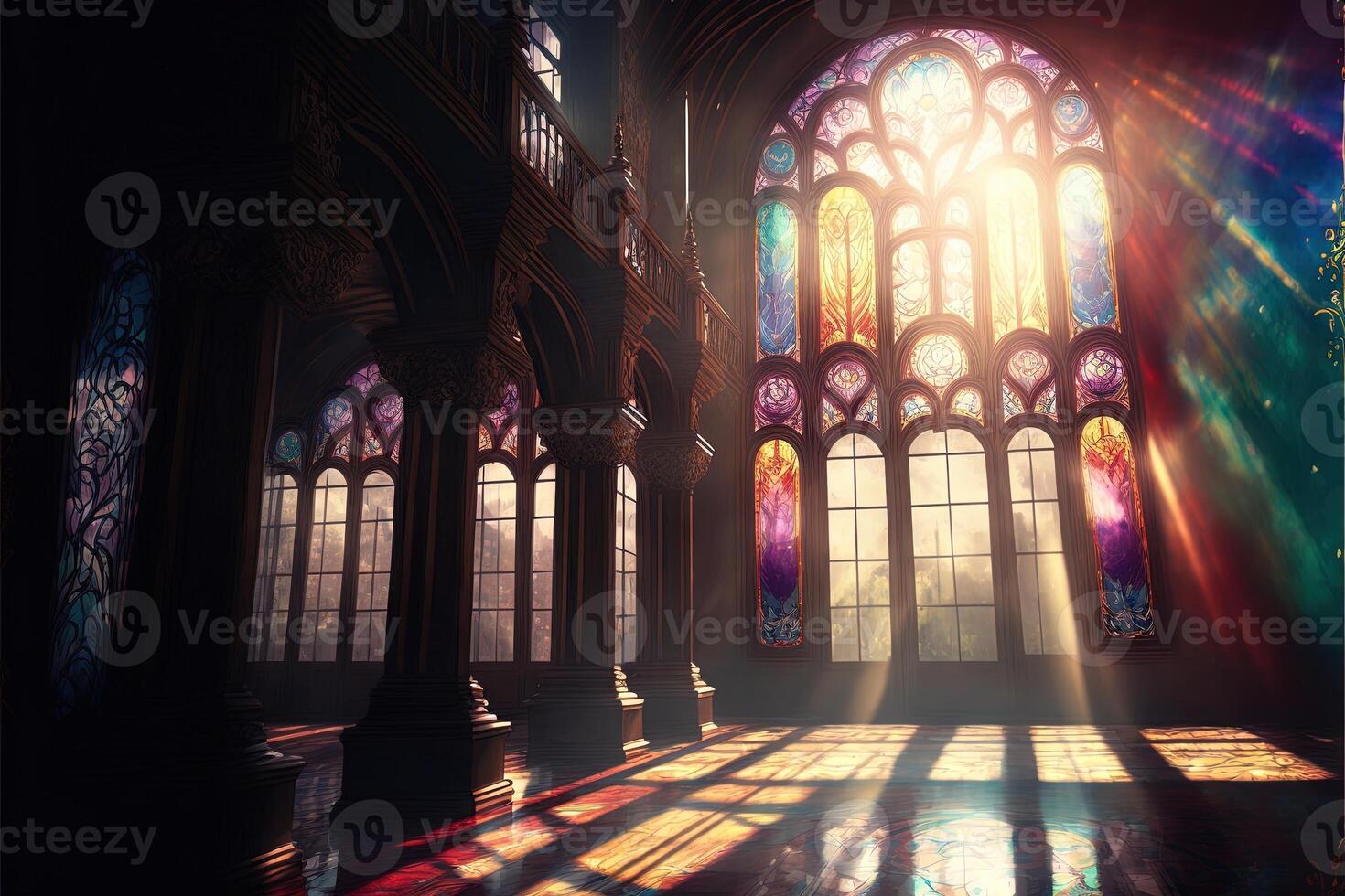 Palace interior with high stained-glass windows made of multicolored glass, an old majestic hall, sun rays through the windows. Dark fantasy interior. photo