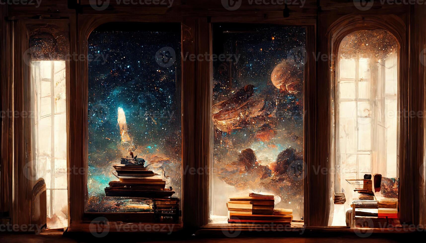 A full size bookshelf beside a window of a rococo style spaceship, milkyway outside the window, classic indoor ambient light, Interior of Magic Library, ornamental glass window. photo