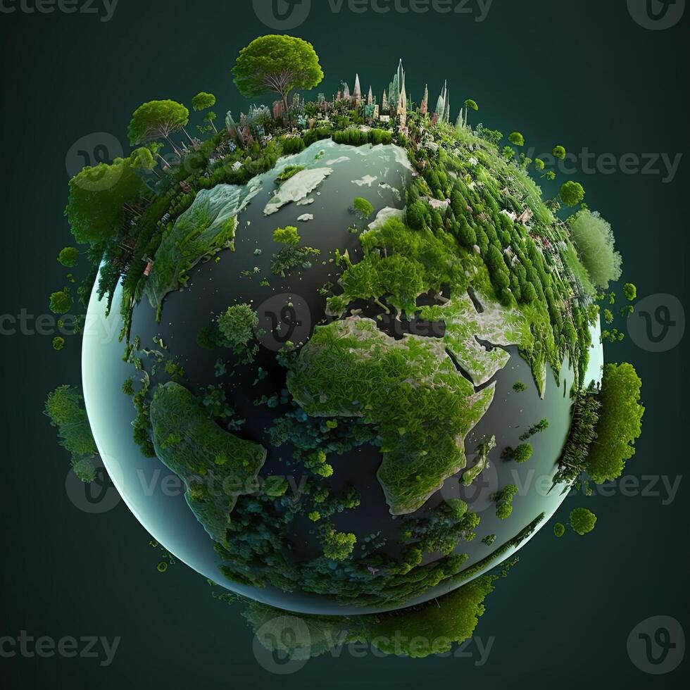 Generative AI a green mini planet earth, Illustration of planet Earth with a giant tree. Energy saving, ecology and environment sustainable resources conservation concept. photo