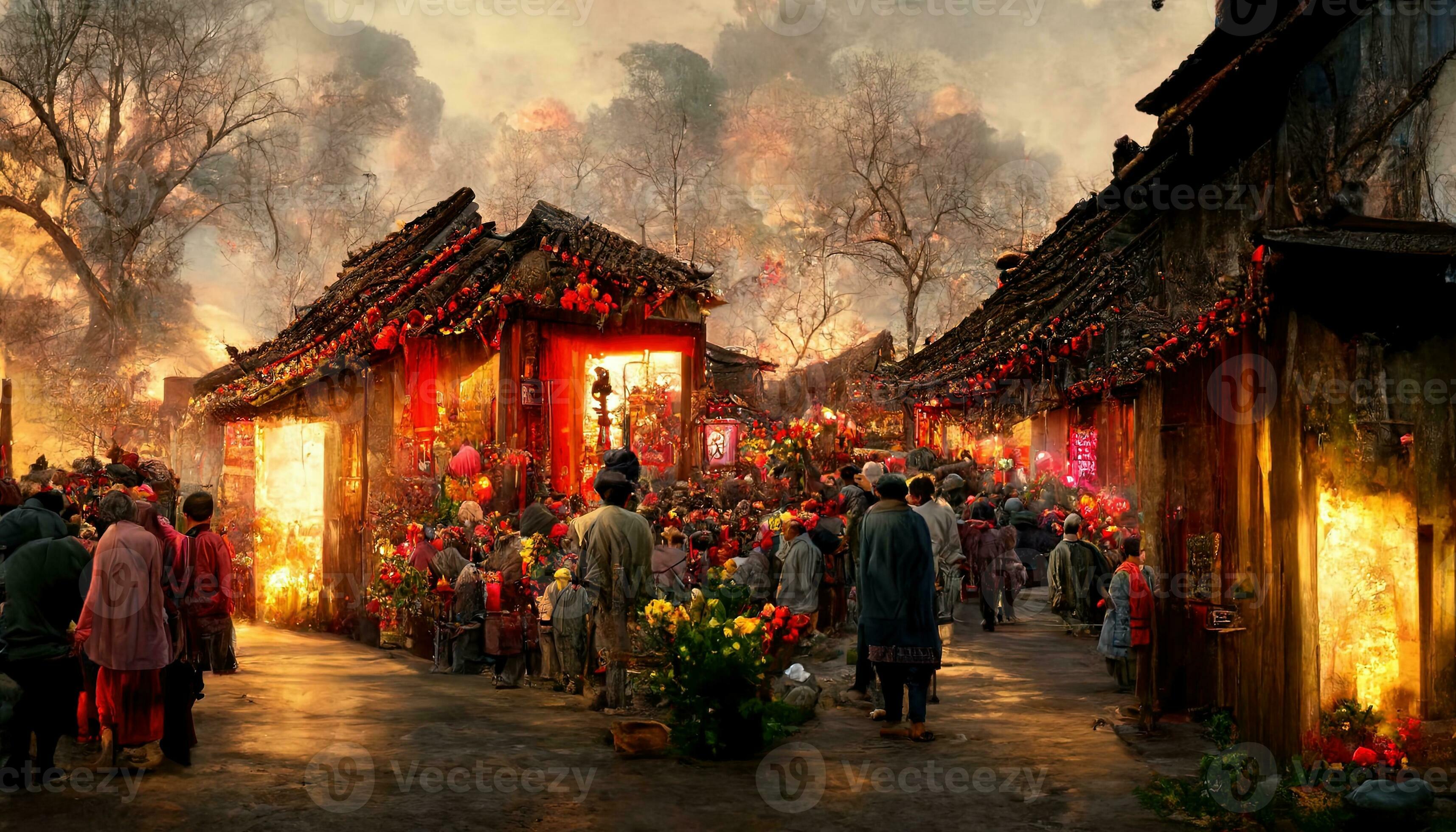 Ancient Chinese Village Chinese New Year Peach Flower Blossom Multi Ancient Chinese Village Chinese New Year Peach Flower Blossom Multi