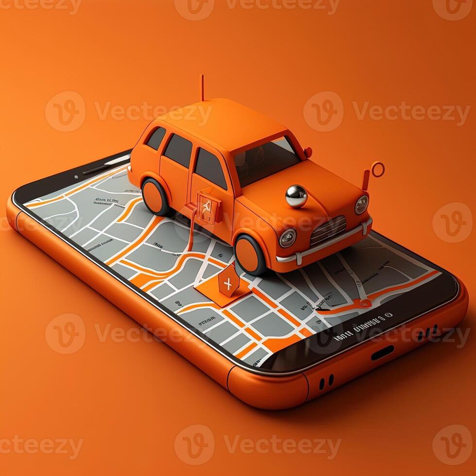 Online mobile application taxi ordering service , Orange taxi car driving along the route to the marker on a smart phone, on a city map. Car and satellite navigation systems concept. photo