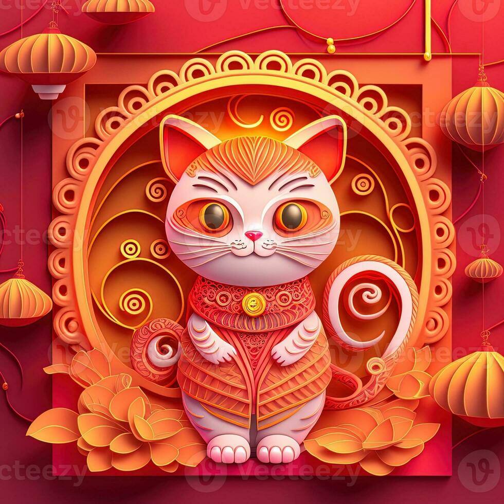 Paper cut quilling multidimensional chinese style cute zodiac cat with lanterns, blossom peach flower in background, chinese new year. Lunar new year 2023 concept photo