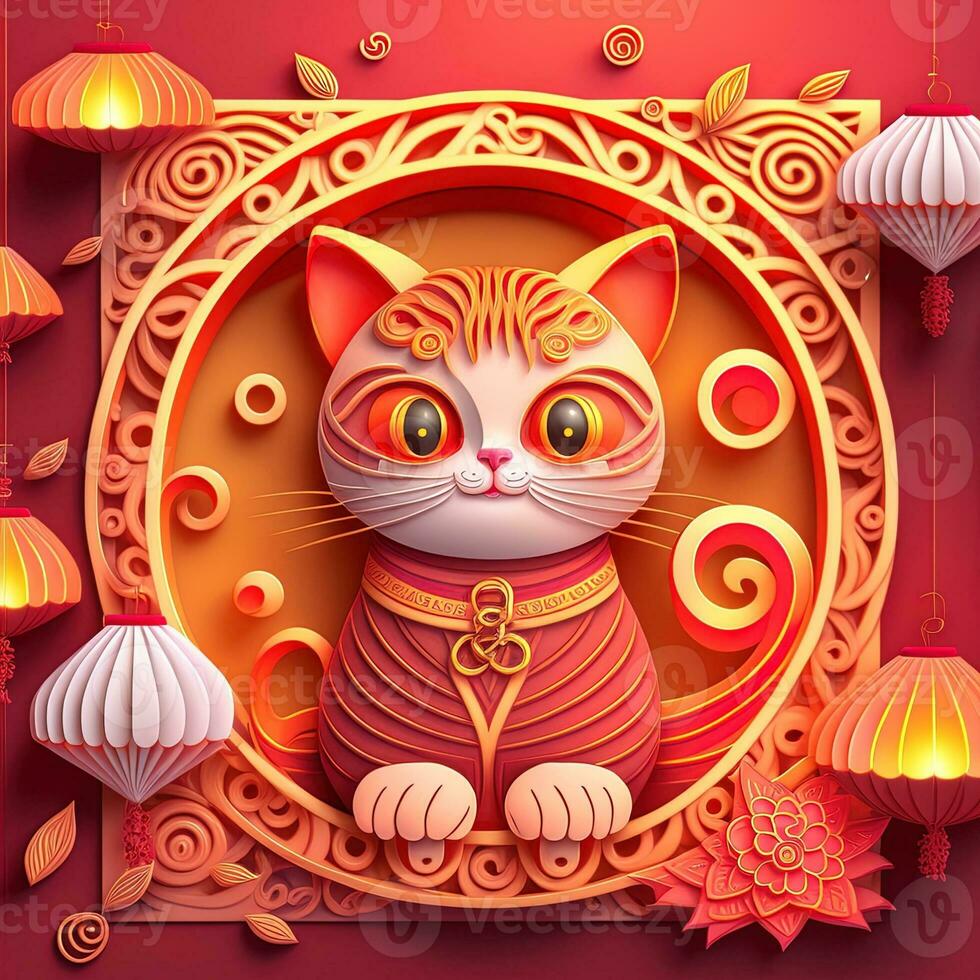 Paper cut quilling multidimensional chinese style cute zodiac cat with lanterns, blossom peach flower in background, chinese new year. Lunar new year 2023 concept photo