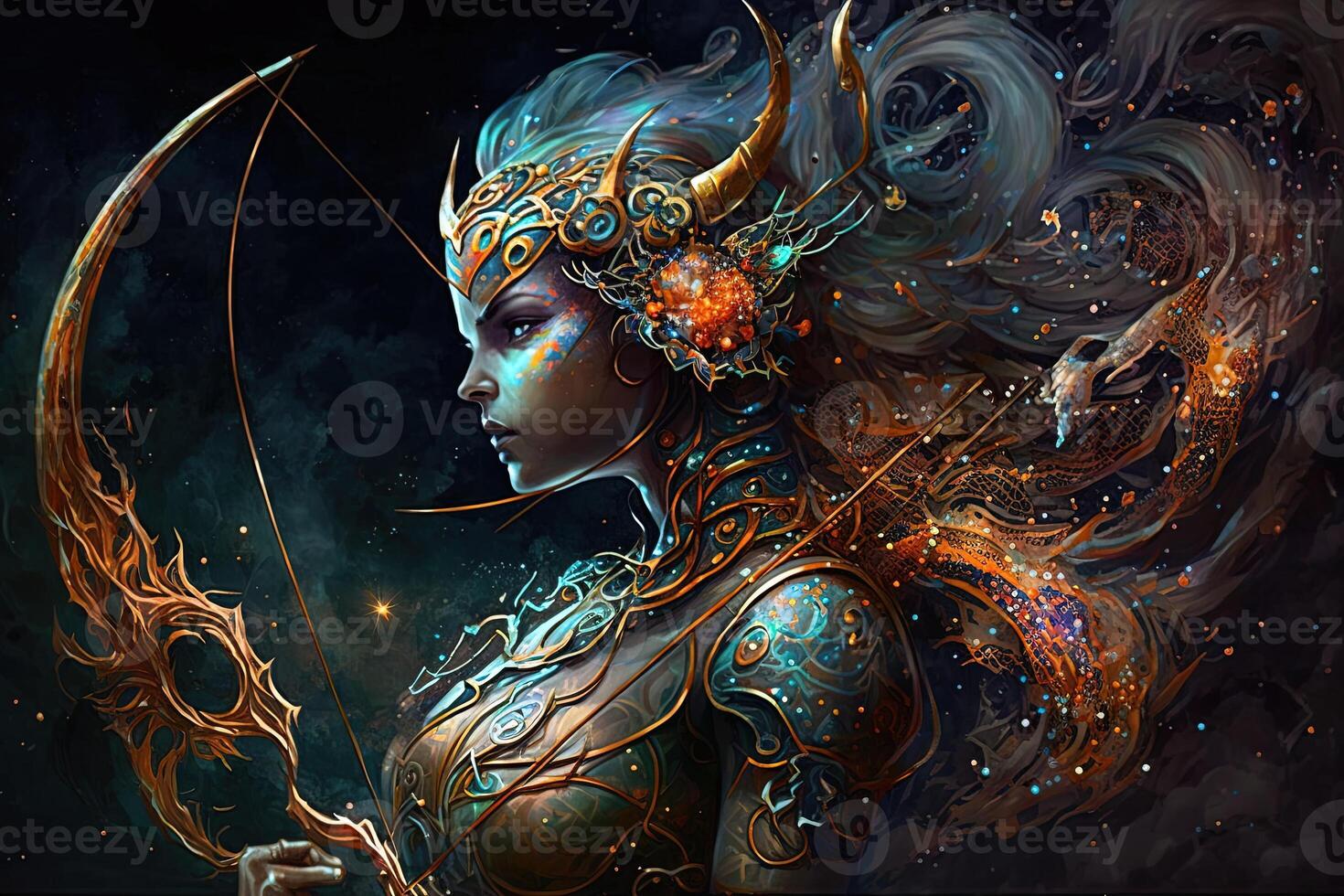 Backdrop of sacred zodiac Sagittarius symbols, astrology, alchemy, magic, sorcery and fortune telling. digital painting. Zodiac sign Sagittarius on the starry sky close up photo
