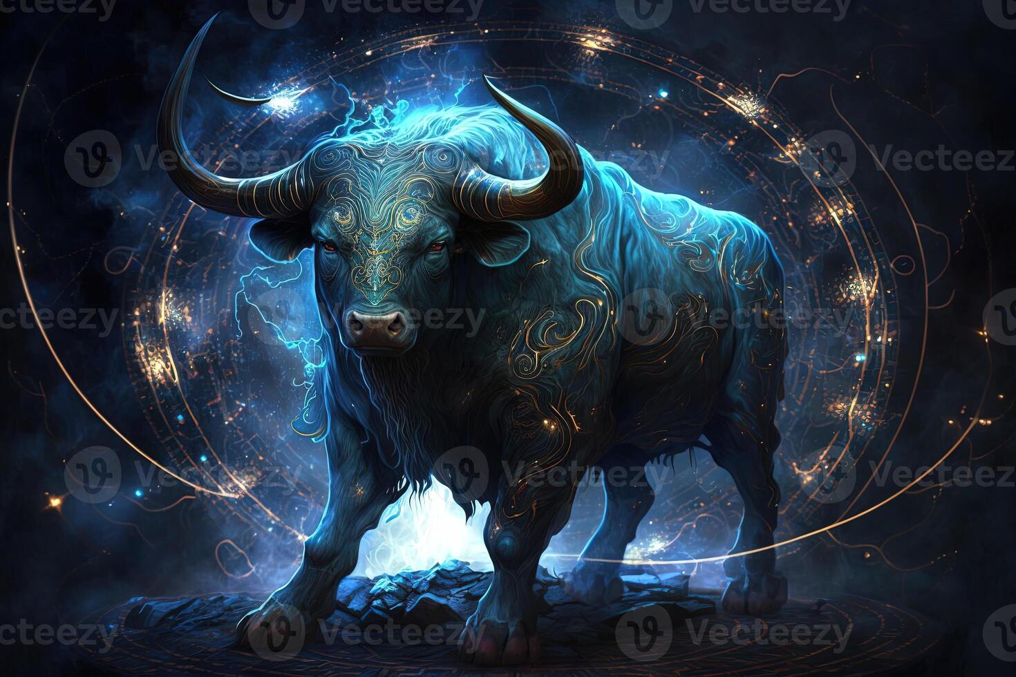 Backdrop of sacred zodiac Taurus symbols, astrology, alchemy, magic, sorcery and fortune telling. digital painting. Zodiac sign Taurus on the starry sky close up photo