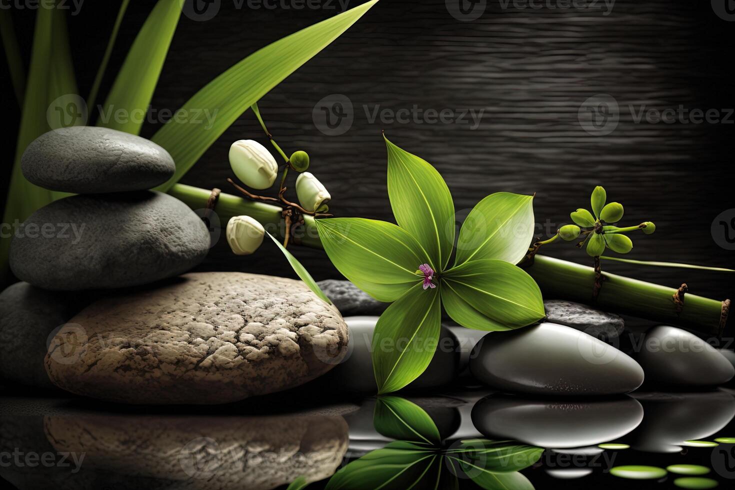 Bamboo and stones in a wellness spa. . Zen Stones and Bamboo on the water. relax, enjoy at spa concept photo