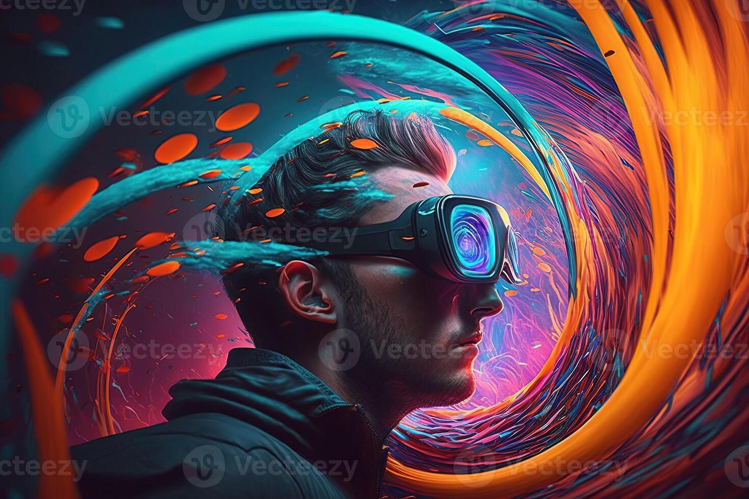 illustration of an enthusiastic young man wearing virtual reality goggles is inside the metaverse. Metaverse concept and virtual world elements. Games and entertainment of the digital photo
