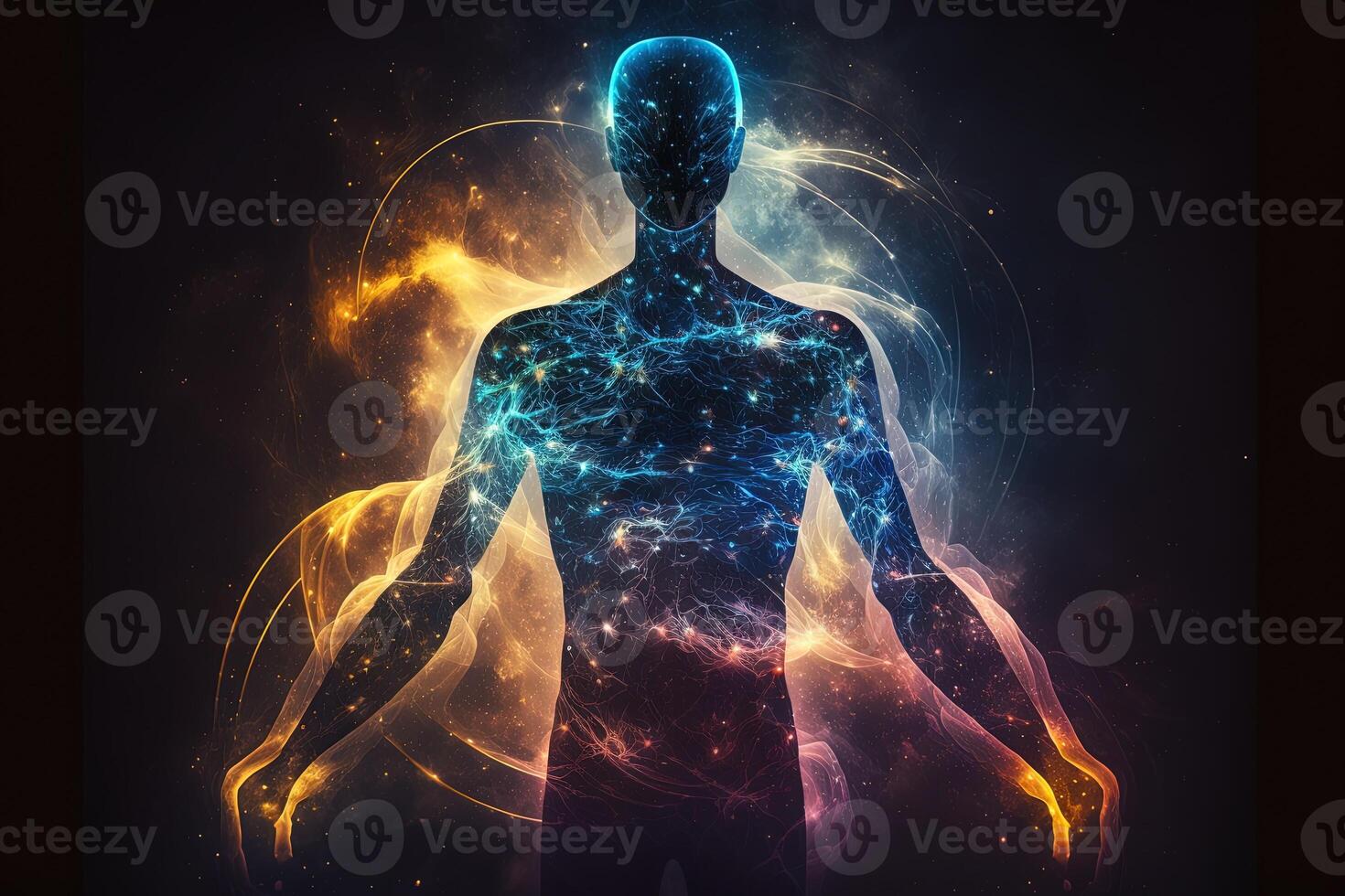 Astral body silhouette with abstract space background. Esoteric, spiritual life and meditation concept. Afterlife and connection with other worlds. Created with photo