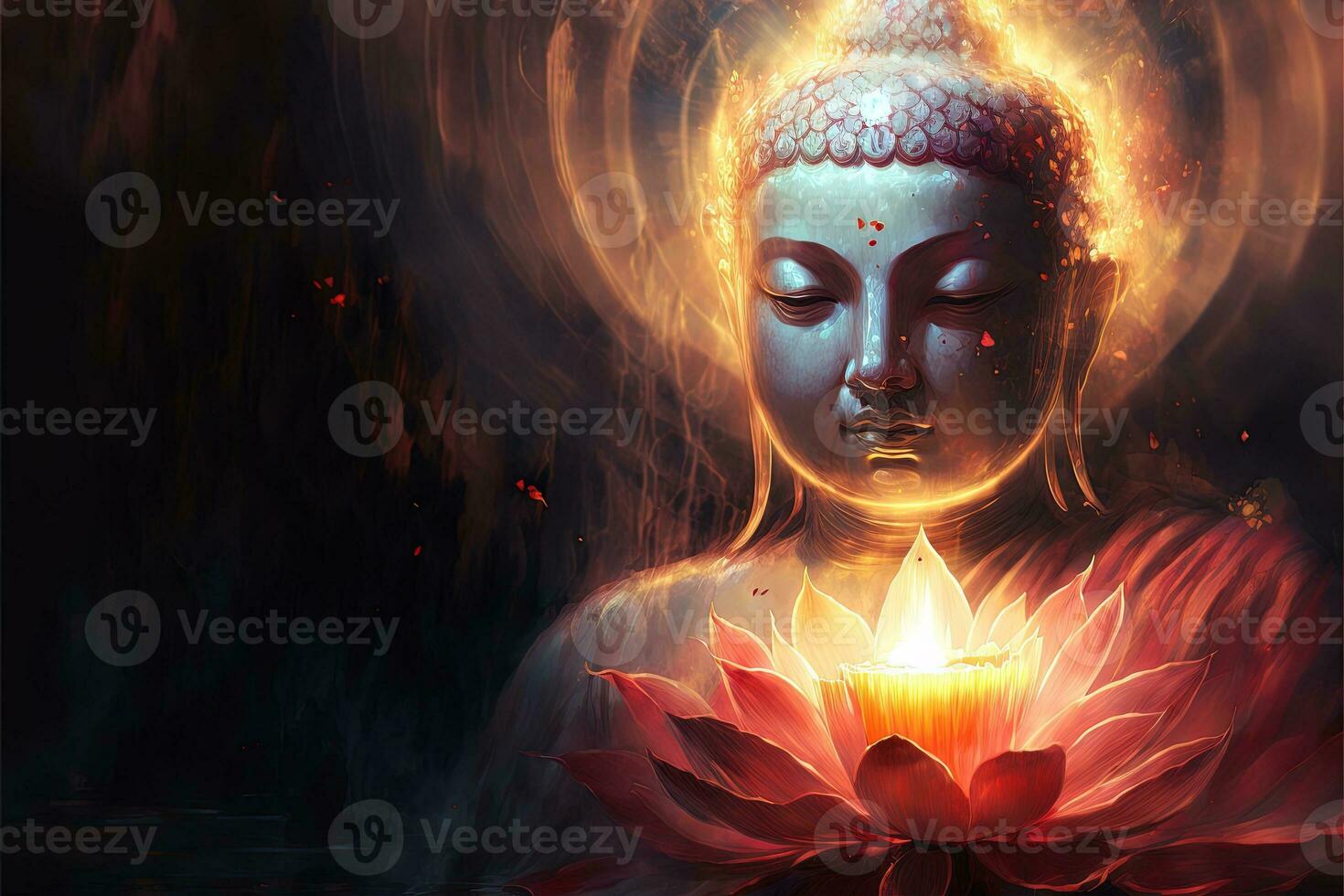 Beautiful light spectrum Buddha's light flashing, Bright red, yellow lotus flower, burning cloud-like petals, surrounded by magic chaos light, white smoke, falling reflected light, water pattern. photo