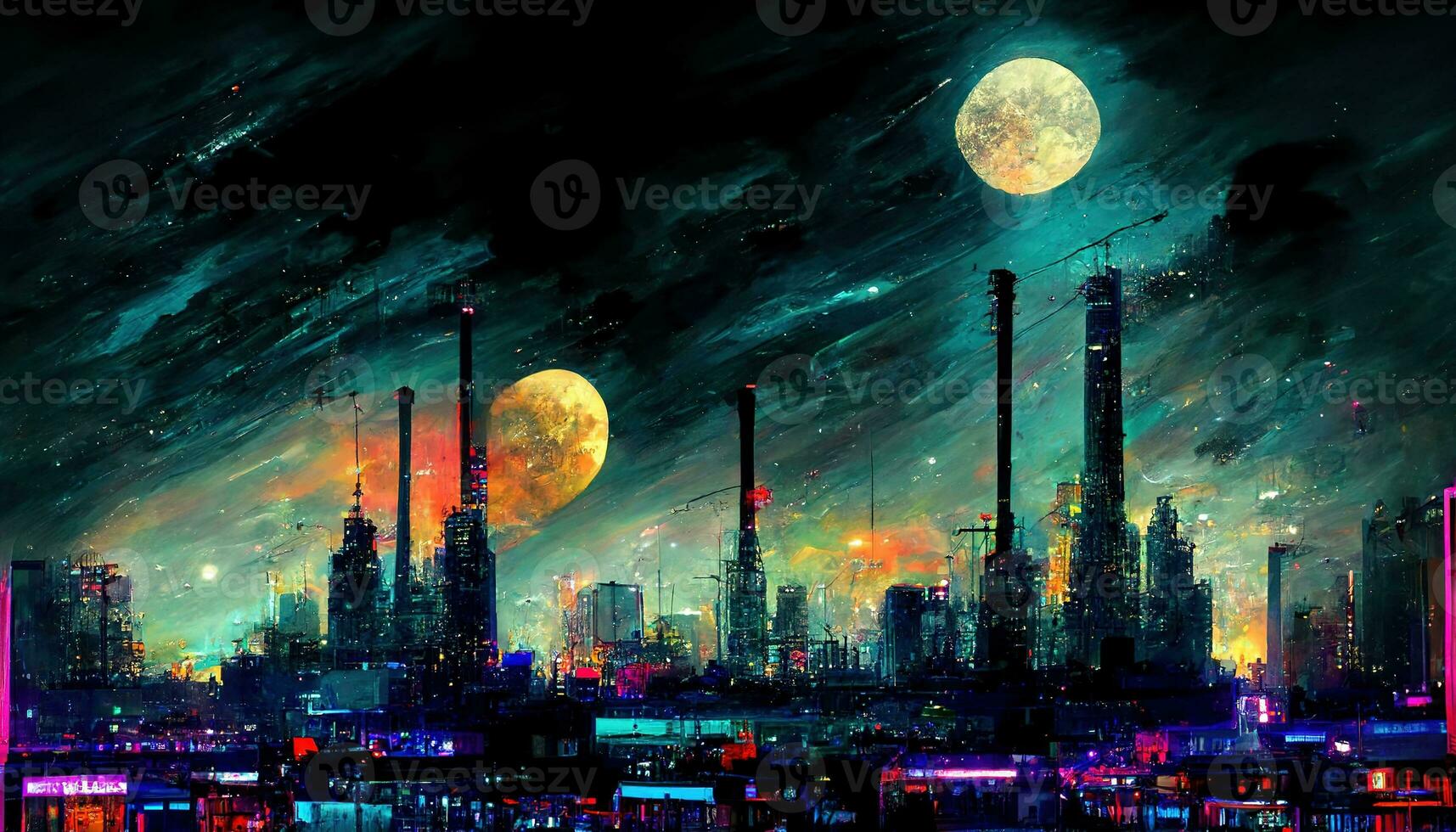 Streets of cyberpunk city, colorful city lights neon signs futuristic steampunk shops, people walking on the street. Industrial cyberpunk neon night city skyline view digital illustration photo