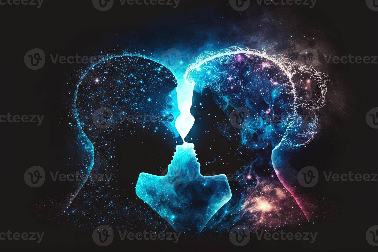 Man and woman silhouettes at abstract cosmic background. Human souls couple in love. Astral body, esoteric and spiritual life concept photo