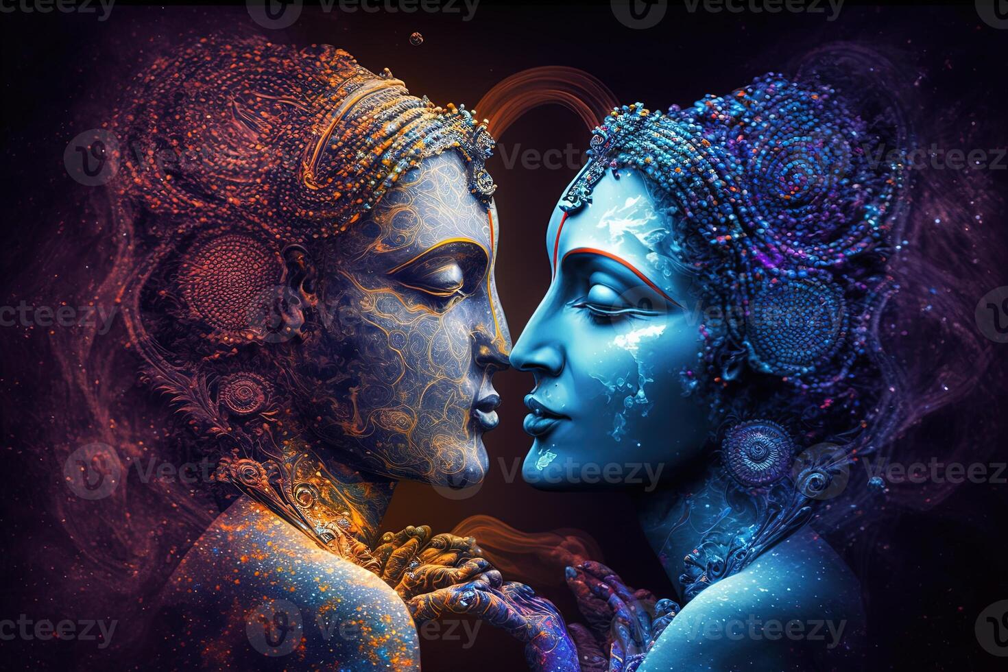 Radha krishna in love medium shot photography portrait of cosmic galactic . symbol of Devine Love. Art Print For Home Decor hindu couple on abstract decorative background photo