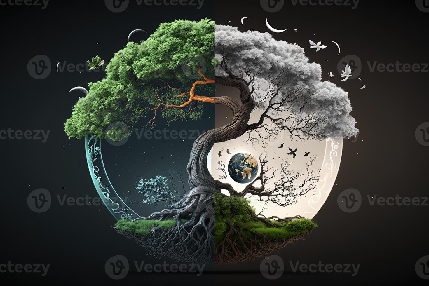 Ying yang concept of balance Yggdrasil tree of life norse mythology. Balance concept. photo