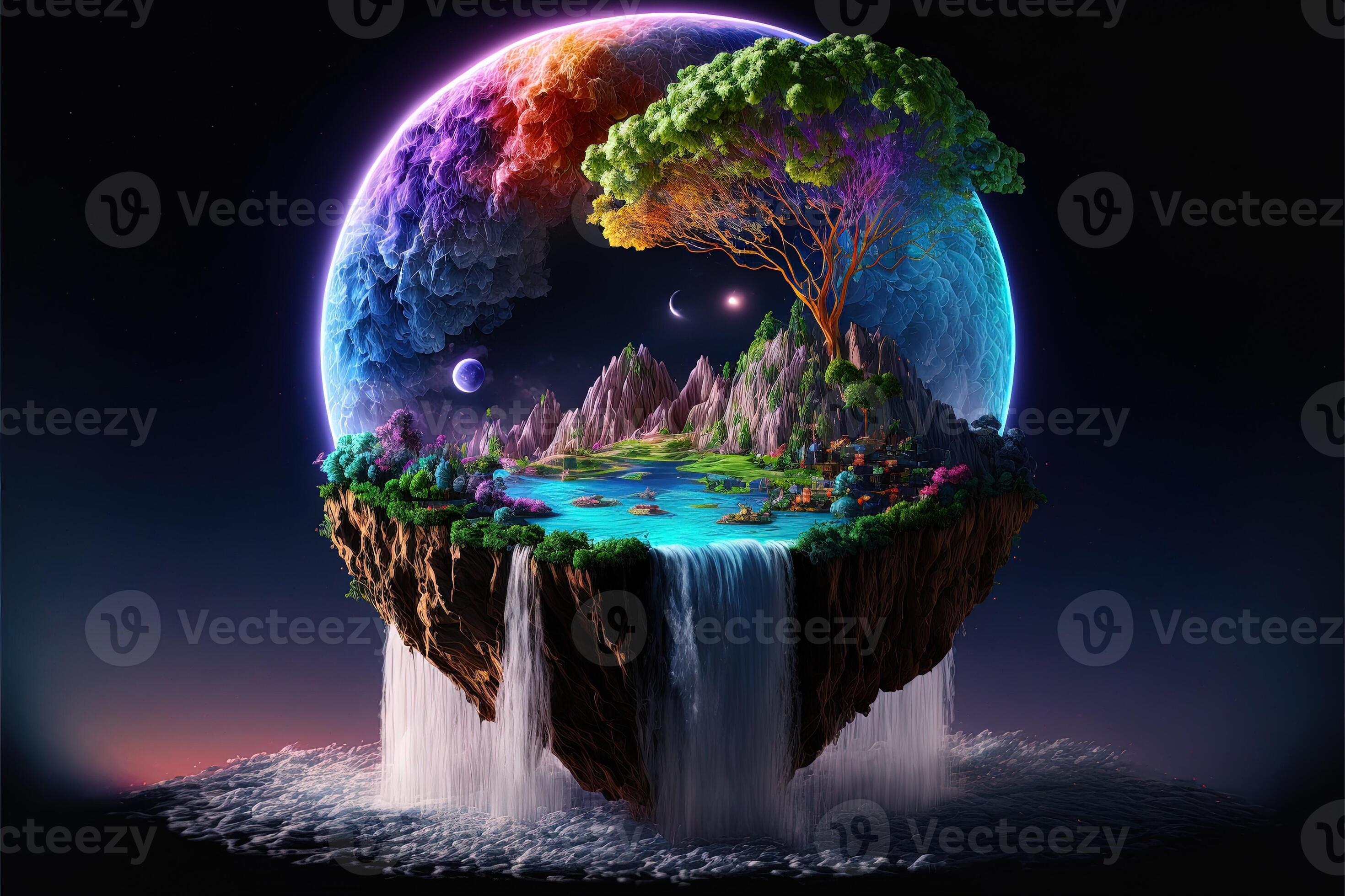 floating island with waterfalls, moon, bright galaxy, small shining