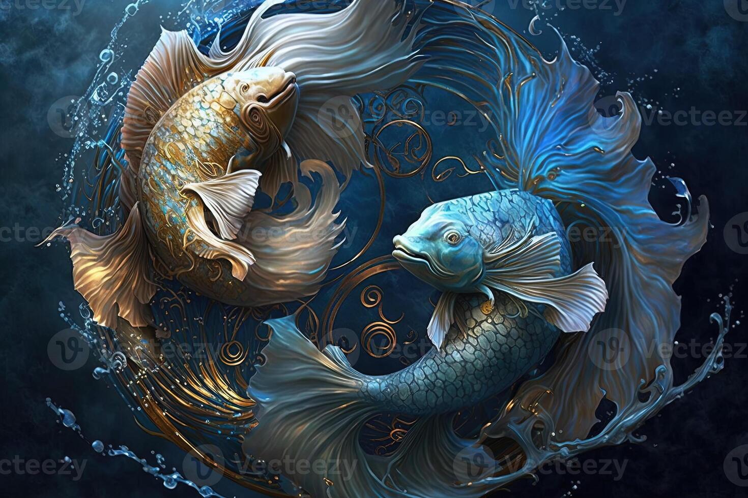 Backdrop of sacred zodiac Pisces symbols, astrology, alchemy, magic, sorcery and fortune telling. digital painting. Zodiac sign Pisces on the starry sky close up photo