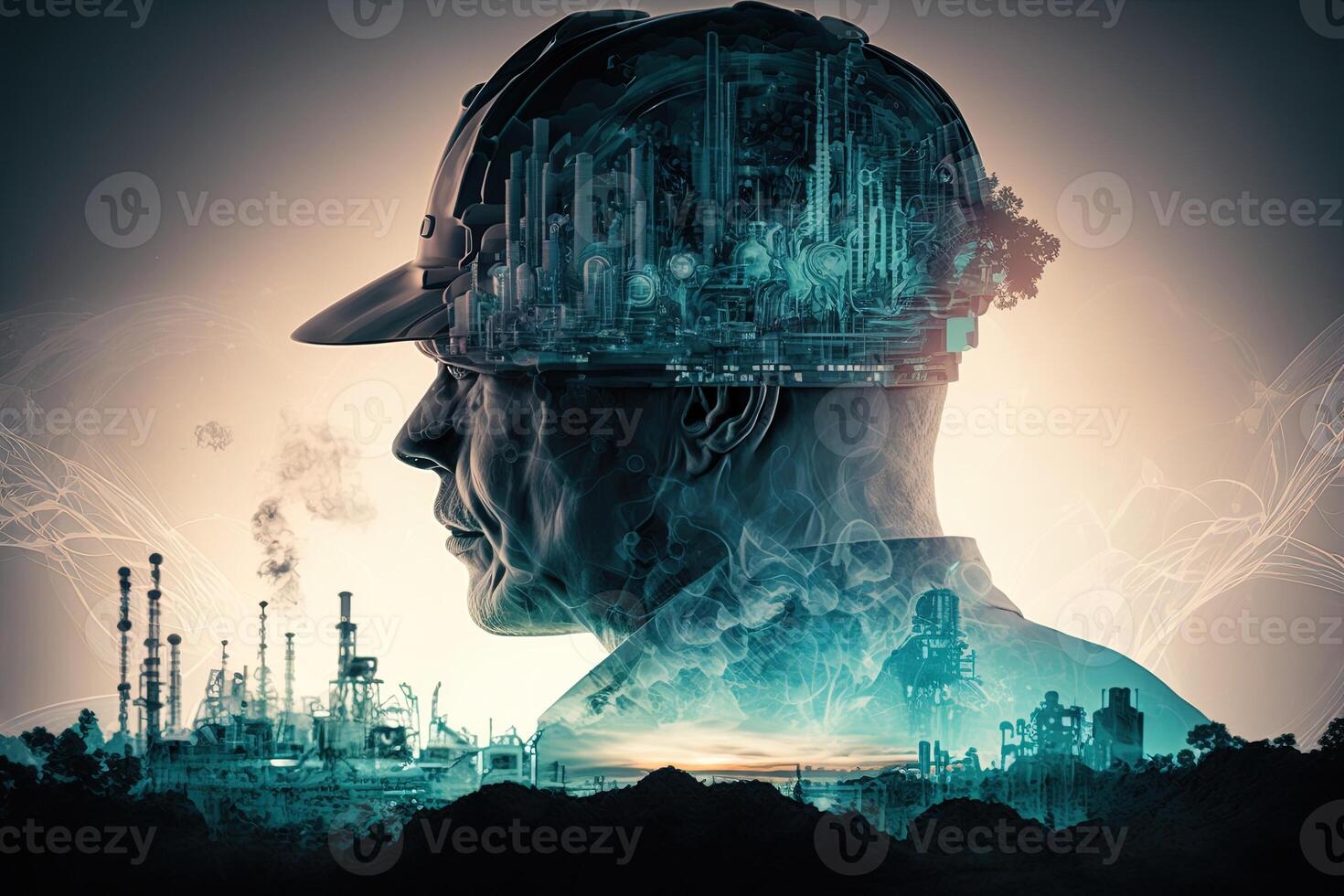 Conceptual graphic design of an energy sector and future manufacturing. With double exposure artwork, an oil, gas, and petrochemical refinery facility demonstrates the future of power. photo