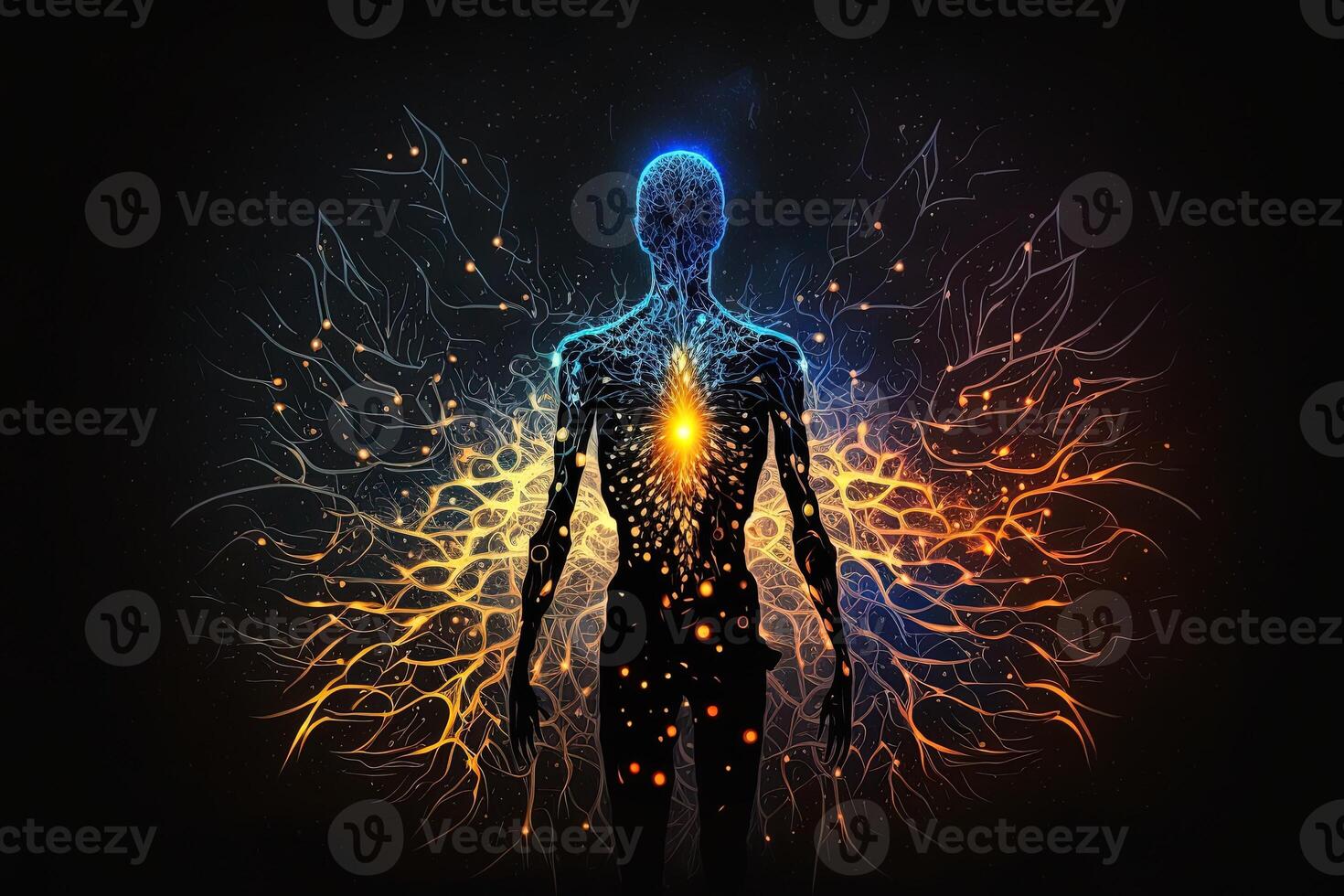 Astral body silhouette with abstract space background. Esoteric, spiritual life and meditation concept. Afterlife and connection with other worlds. Created with photo