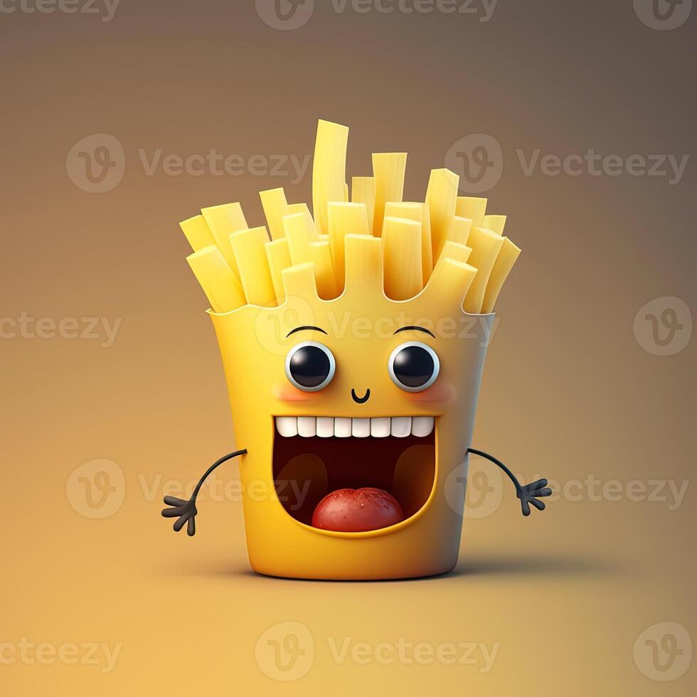 collection of happy, smiling, joyful cartoon style French fries characters for meal, dinner design. Cartoon French fries character for restaurant mascot. photo