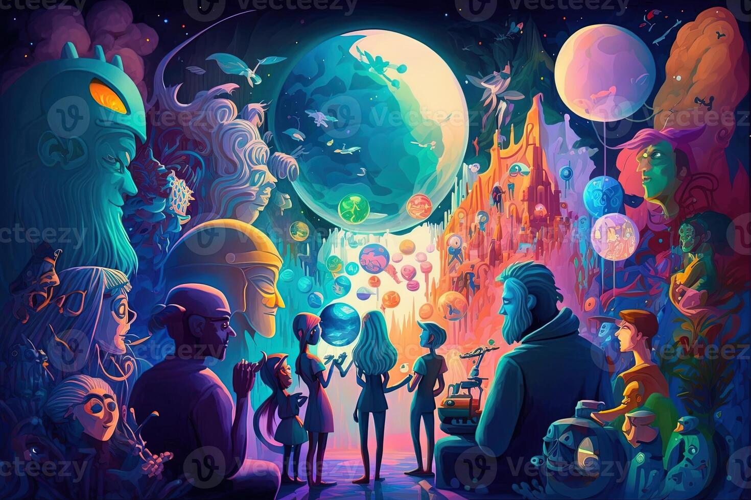 a multiverse of speech, a fantasy world where everyone can talk, with a lot of poetry, colorful, diverse avatars interacting with each other. photo