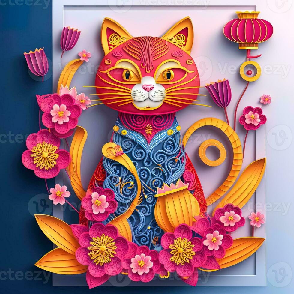 Paper cut quilling multidimensional chinese style cute zodiac cat with lanterns, blossom peach flower in background, chinese new year. Lunar new year 2023 concept photo