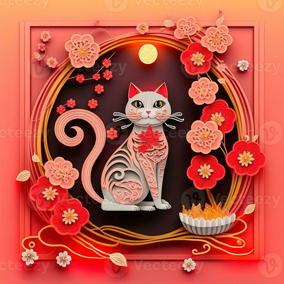 Paper cut quilling multidimensional chinese style cute zodiac cat with lanterns, blossom peach flower in background, chinese new year. Lunar new year 2023 concept photo