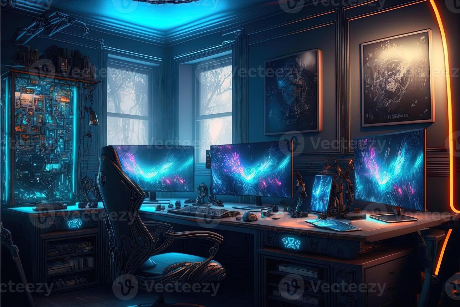 Spectacular gaming room interior, gaming pc, gaming desk, game setup room, tv, desk for five People, futuristic, LED lights, cyberpunk color. photo