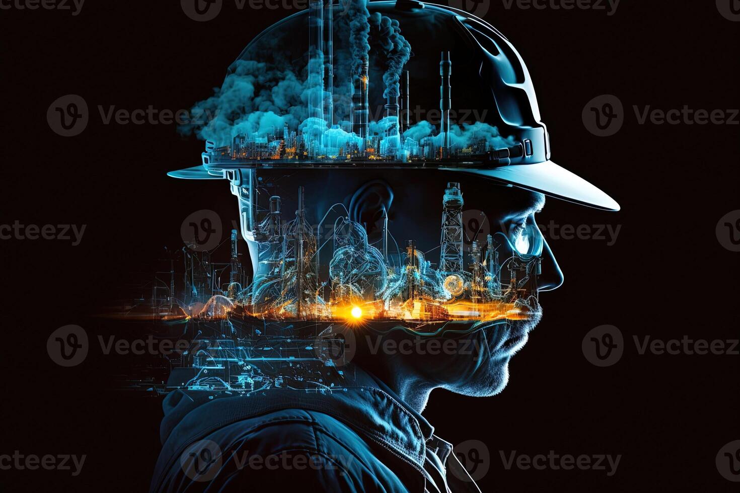 Conceptual graphic design of an energy sector and future manufacturing. With double exposure artwork, an oil, gas, and petrochemical refinery facility demonstrates the future of power. photo