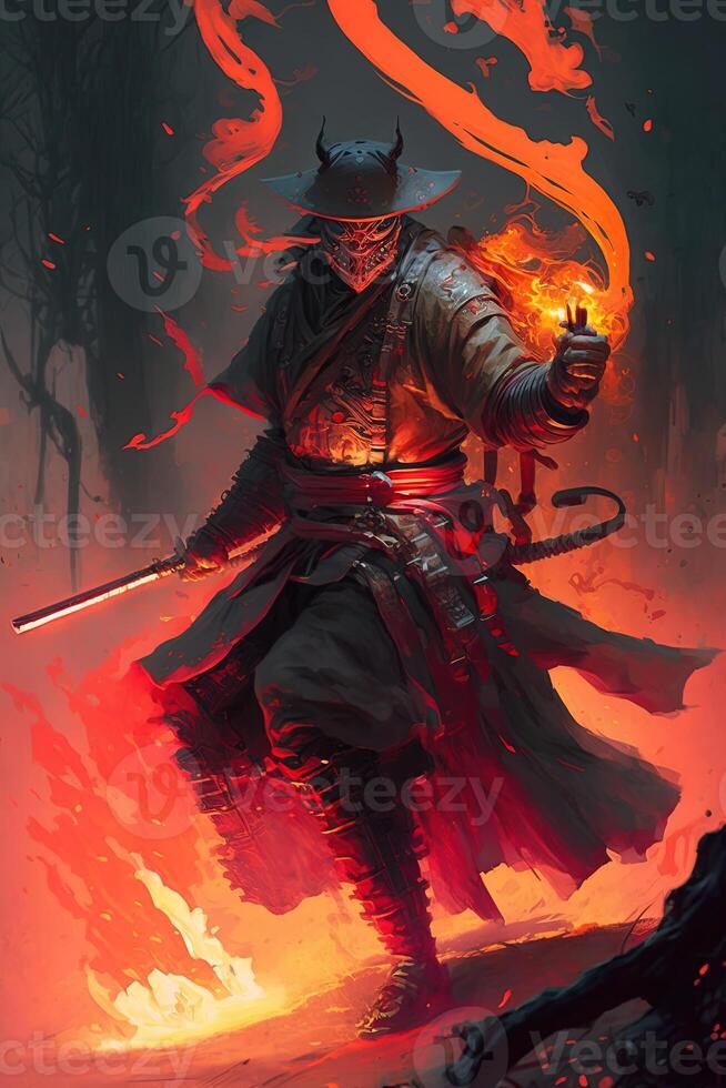 A samurai in a demonic red mask on the battlefield makes a swing with a katana creating a sizzling fire ring around, he is a mystical martial. illustration painting photo