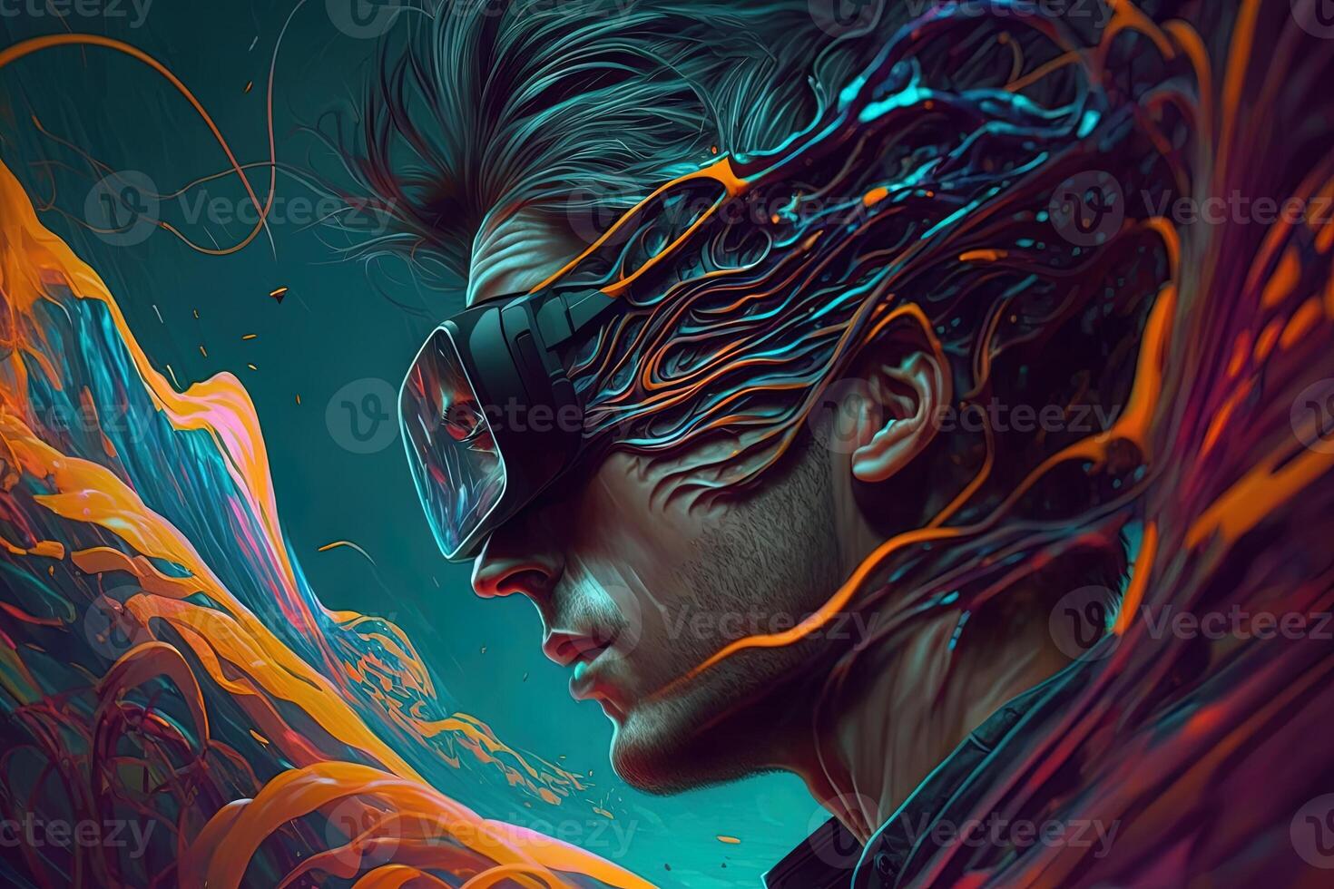 illustration of an enthusiastic young man wearing virtual reality goggles is inside the metaverse. Metaverse concept and virtual world elements. Games and entertainment of the digital photo