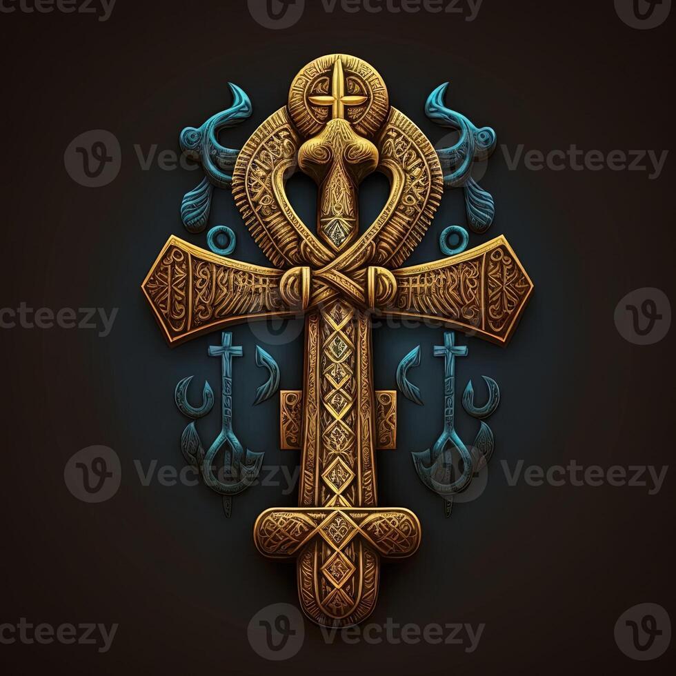 Ancient golden ankh symbol isolated on dark background. Illustration of an Egyptian cross in digital form. The ancient Egyptians used the Ankh as a symbol for eternal life. photo