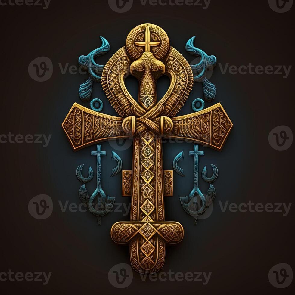 Ancient golden ankh symbol isolated on dark background. Illustration of an Egyptian cross in digital form. The ancient Egyptians used the Ankh as a symbol for eternal life. photo