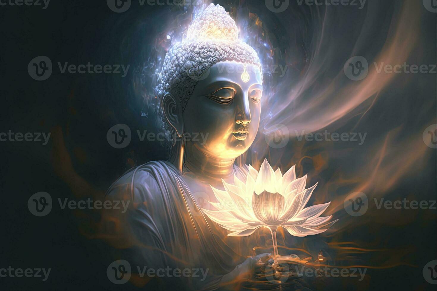 Beautiful light spectrum Buddha's light flashing, Bright red, yellow lotus flower, burning cloud-like petals, surrounded by magic chaos light, white smoke, falling reflected light, water pattern. photo