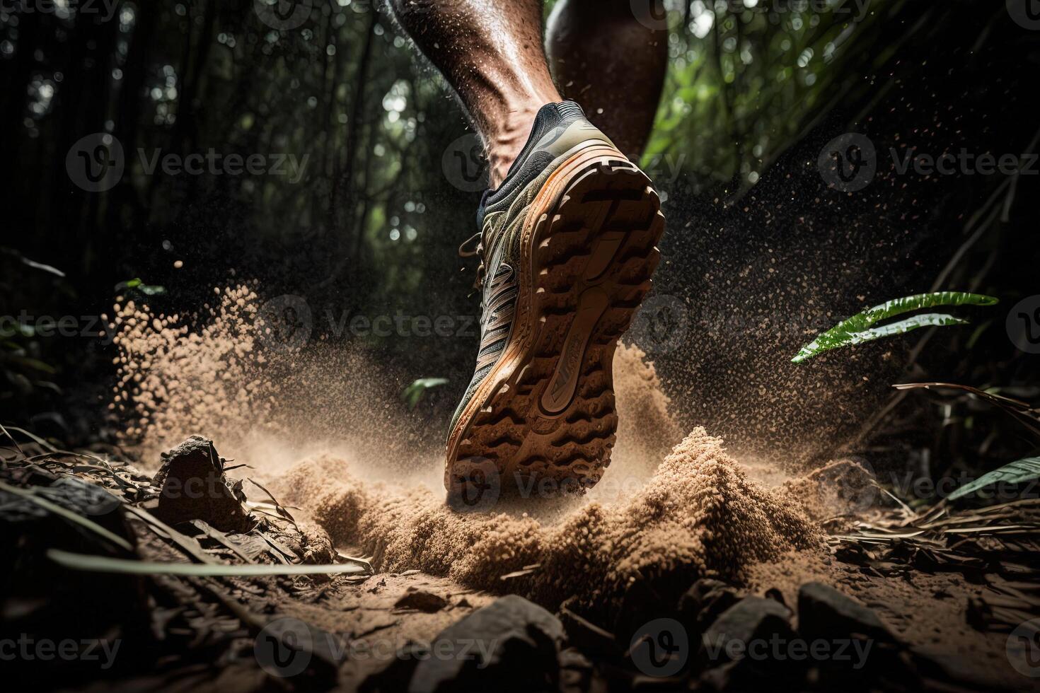 Close-up at the runner feet is running on the dirt route at the jungle, street and road. Trail running sport action and human challenge concept. photo