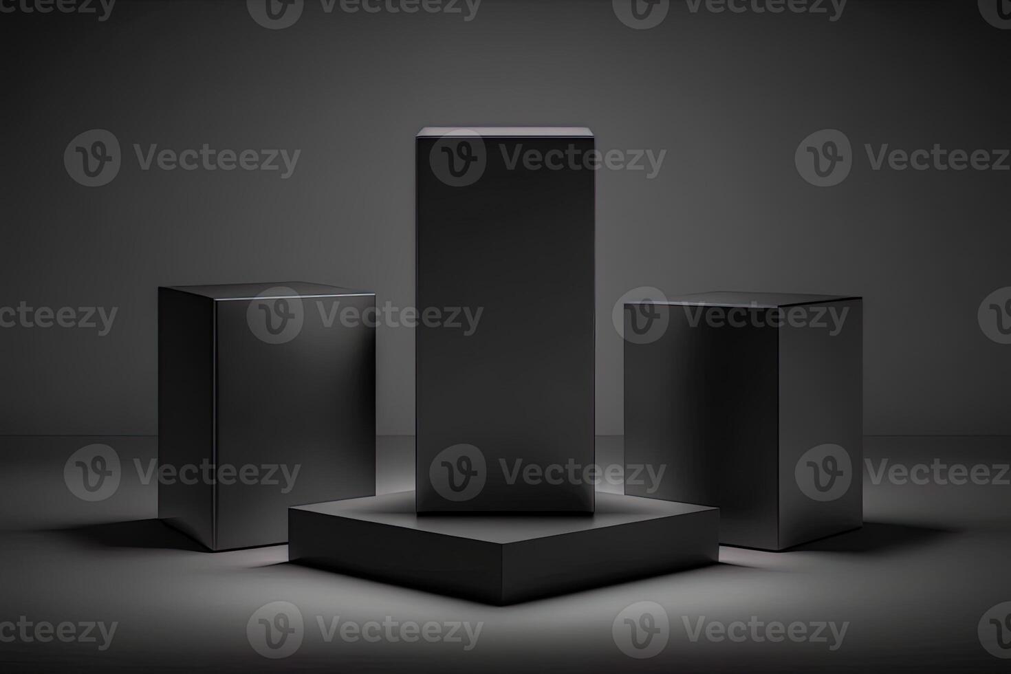 Elegant three black cube stand for product placement mockup. Dark podium exhibition scene background. Minimal box platform showroom with spot light photo