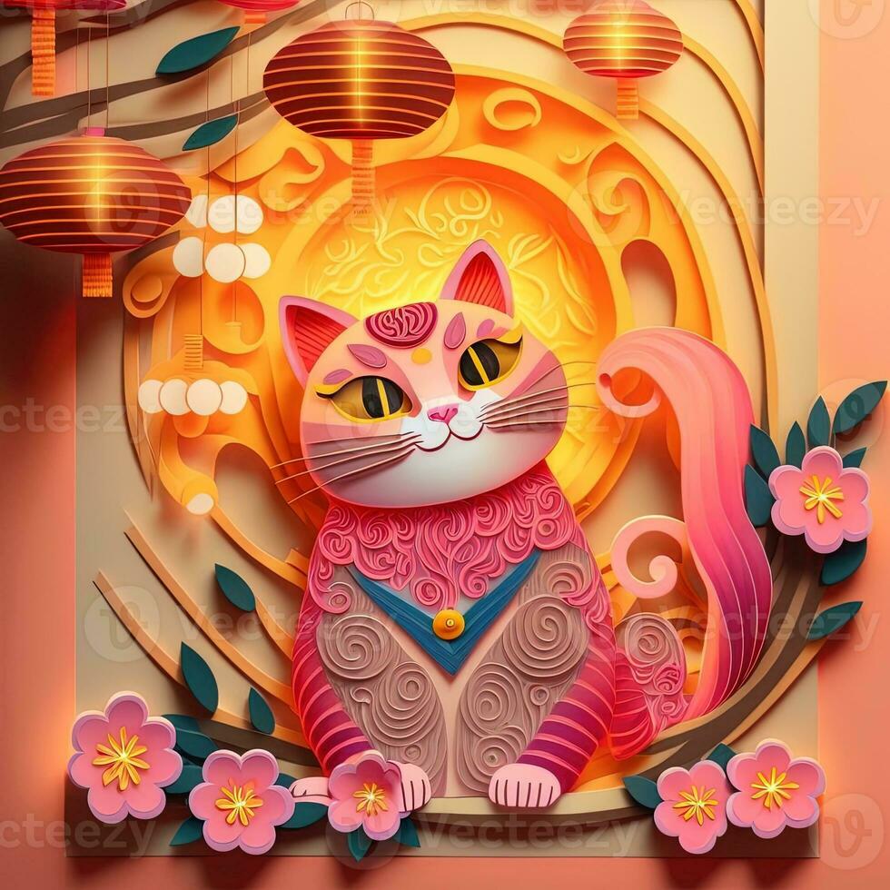Paper cut quilling multidimensional chinese style cute zodiac cat with lanterns, blossom peach flower in background, chinese new year. Lunar new year 2023 concept photo