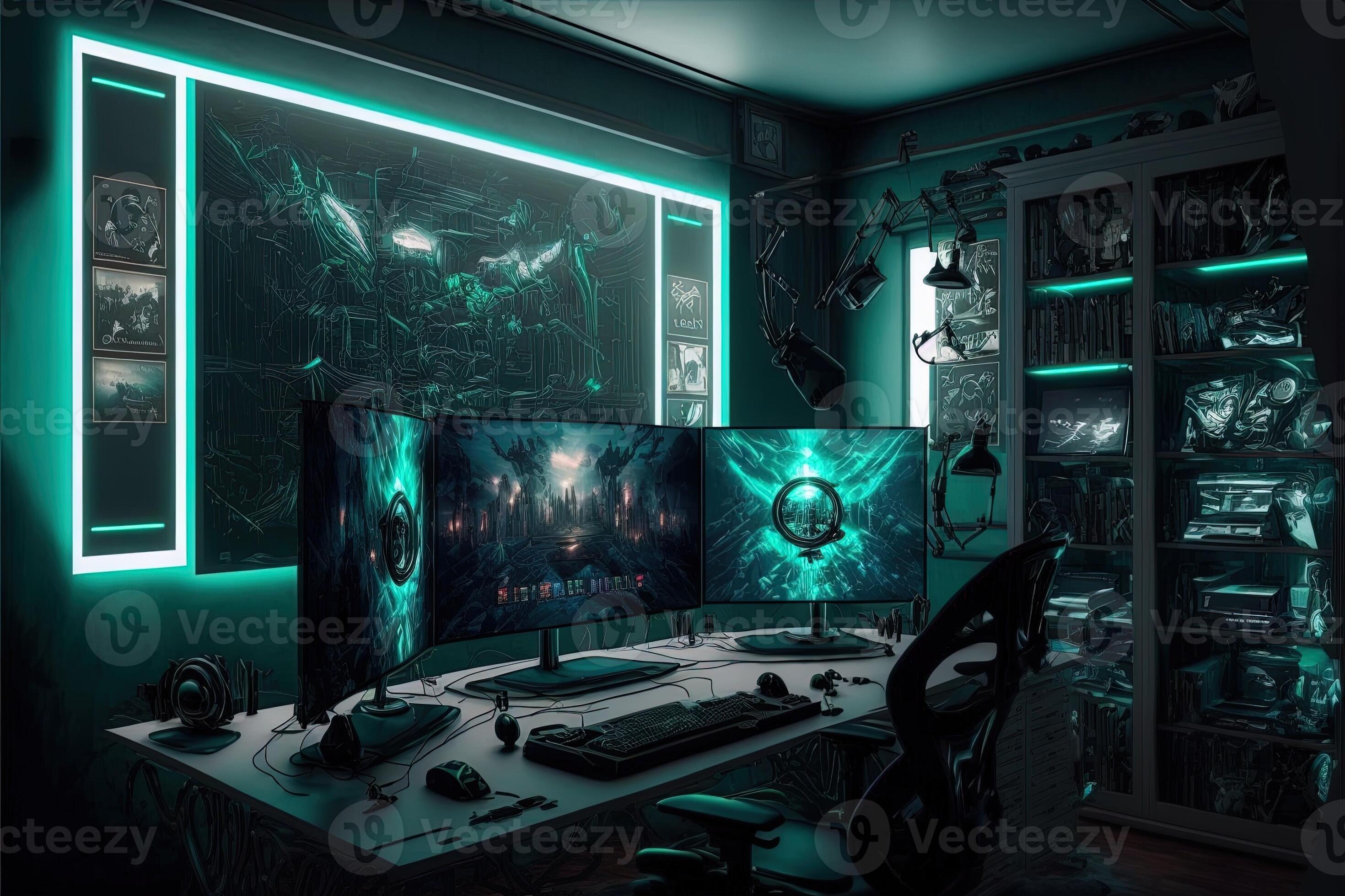 Spectacular gaming room interior, gaming pc, gaming desk, game setup room,  tv, desk for five People, futuristic, LED lights, cyberpunk color.  Generative AI 23538929 Stock Photo at Vecteezy