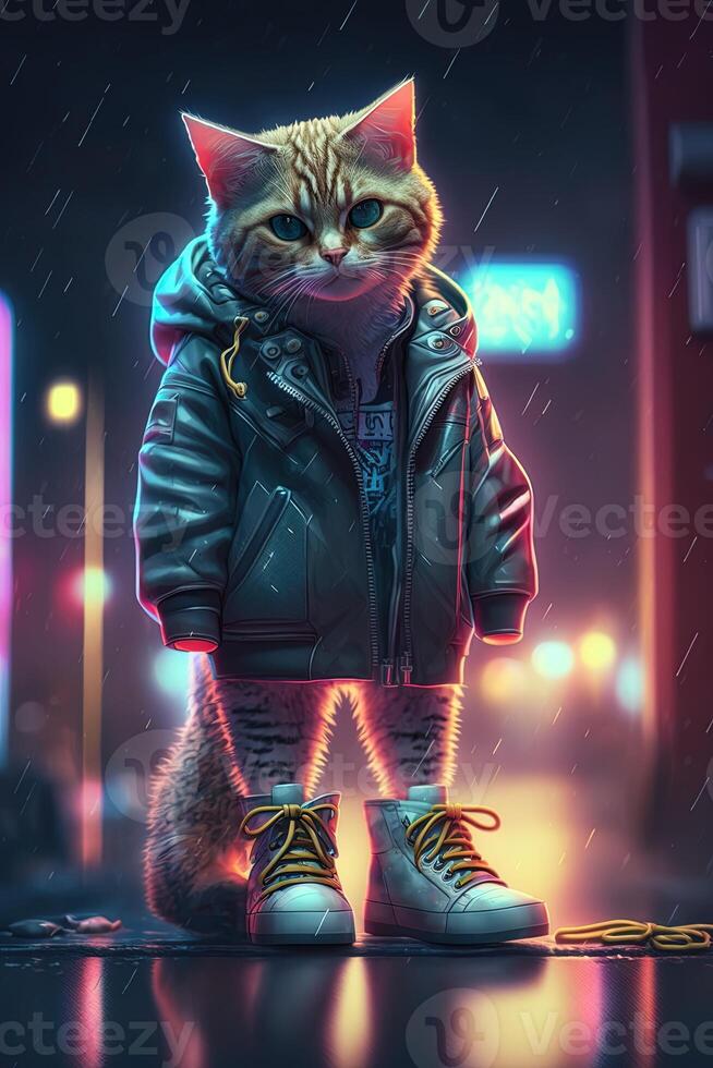 toy cute Bear in clothes jacket and sneakers on street background with neon lighting, photo
