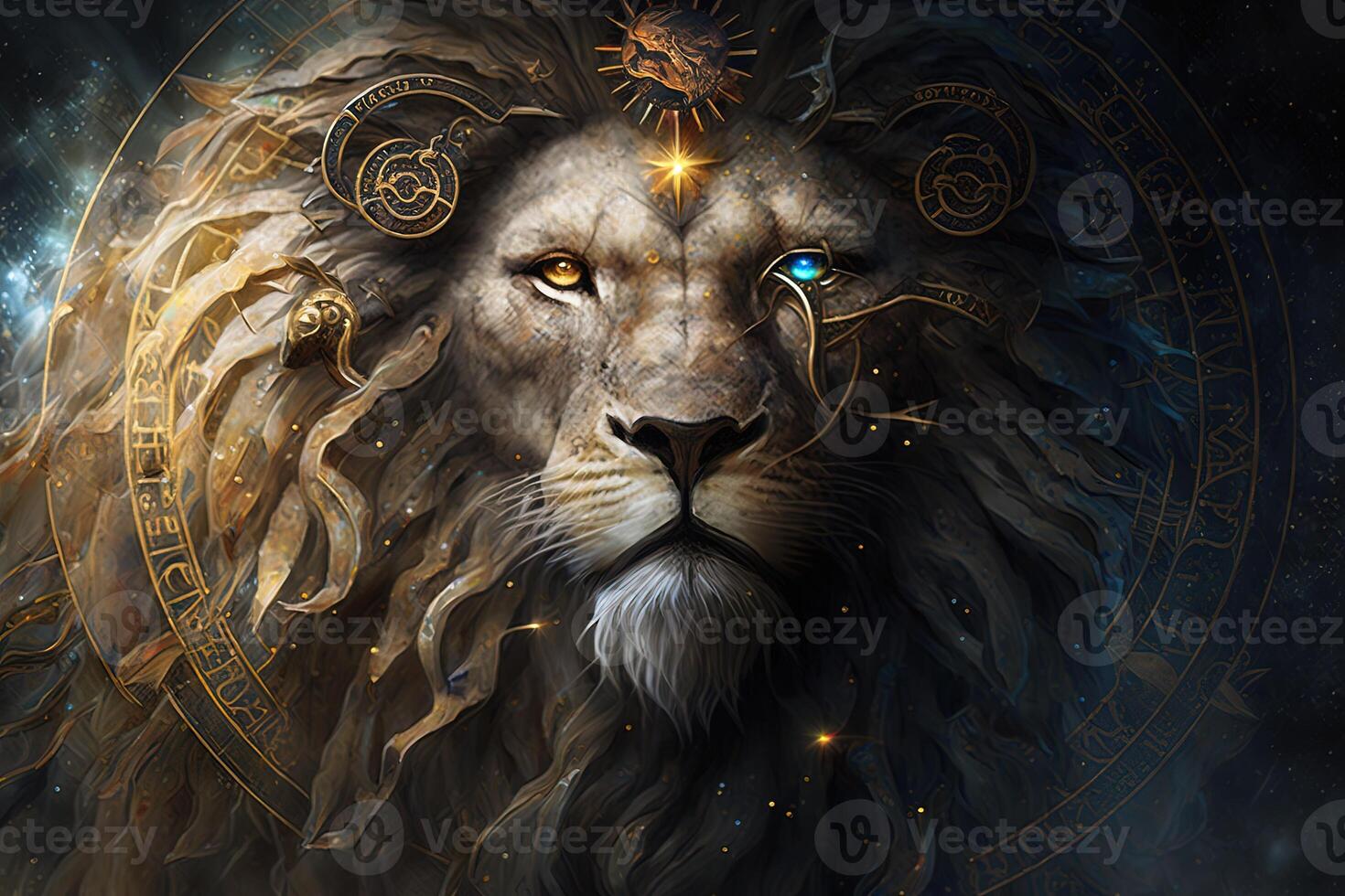 Backdrop of sacred zodiac Leo symbols, astrology, alchemy, magic, sorcery and fortune telling. digital painting. Zodiac sign Leo on the starry sky close up photo