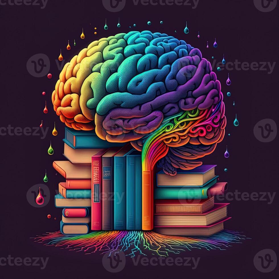 This whimsical image shows a brain with a library inside, its neurons and synapses lit up in a rainbow of joyful colors. A stack of books on a shelf indicates knowledge and learning, photo