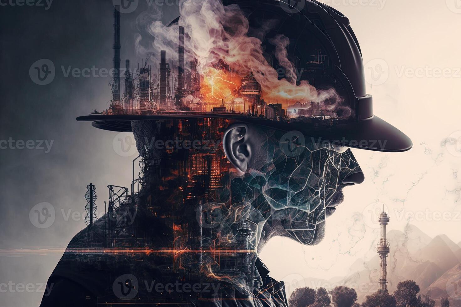 Conceptual graphic design of an energy sector and future manufacturing. With double exposure artwork, an oil, gas, and petrochemical refinery facility demonstrates the future of power. photo