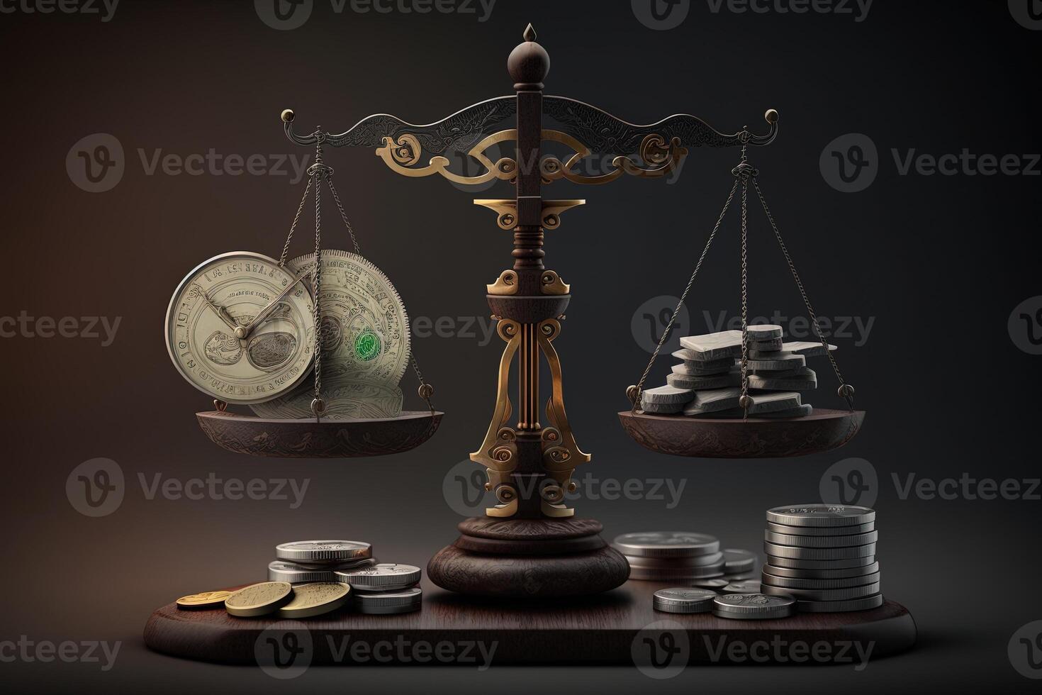 Scales with time and people on one side and money on the other, concept of ideas and innovation, time travel. Digital illustration. photo