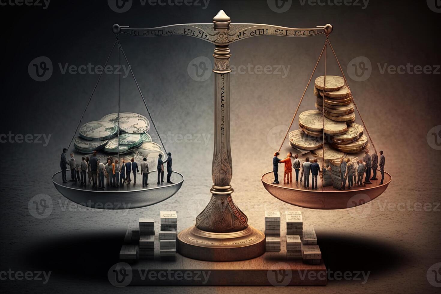 Scales with time and people on one side and money on the other, concept of ideas and innovation, time travel. Digital illustration. photo