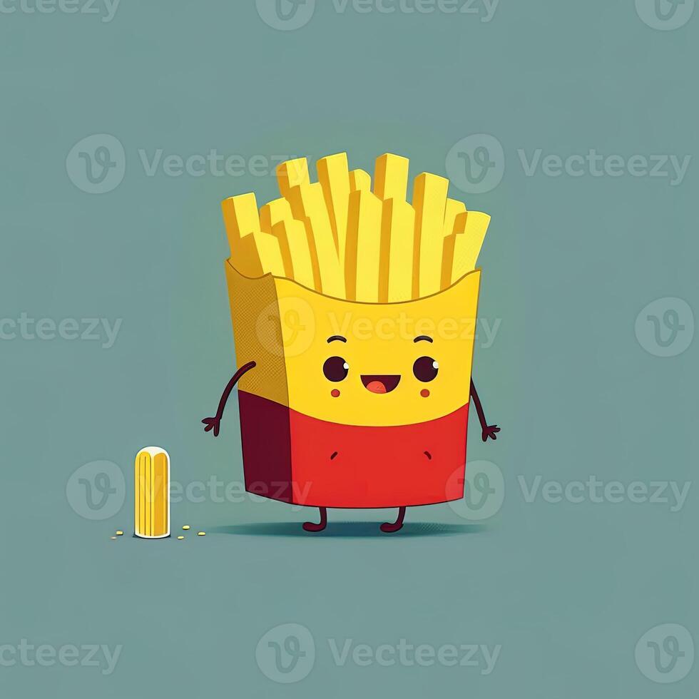 collection of happy, smiling, joyful cartoon style French fries characters for meal, dinner design. Cartoon French fries character for restaurant mascot. photo