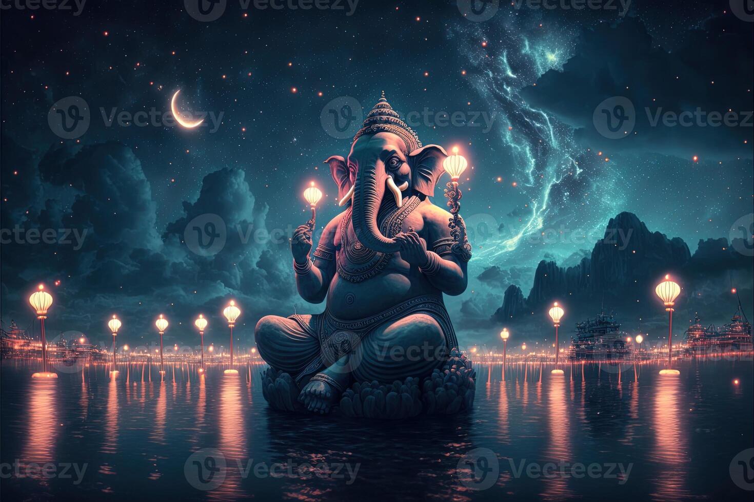 There are many galactic stars in the night sky of a huge massive GANESHA statue, with red lanterns rising in the sky, crowds watching the lantern festival. Ganesha Festival. photo