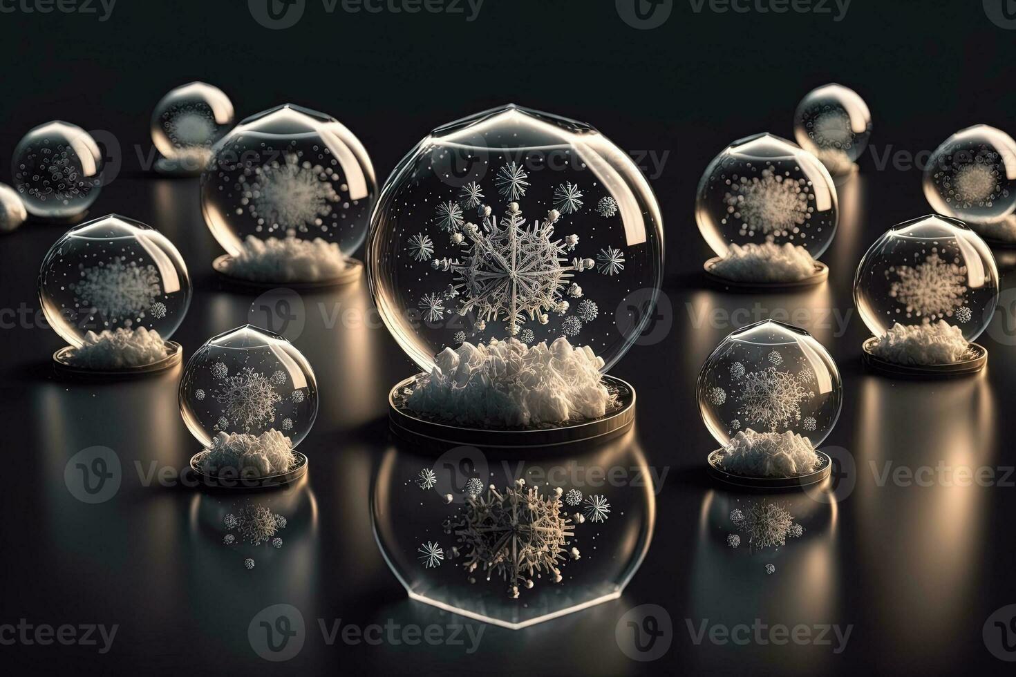 Christmas white decorations on snow with fir tree branches. Winter Decoration Background. Focus of tiny liquid mirror balls falling from the sky , each containing a tiny perfect city inside photo