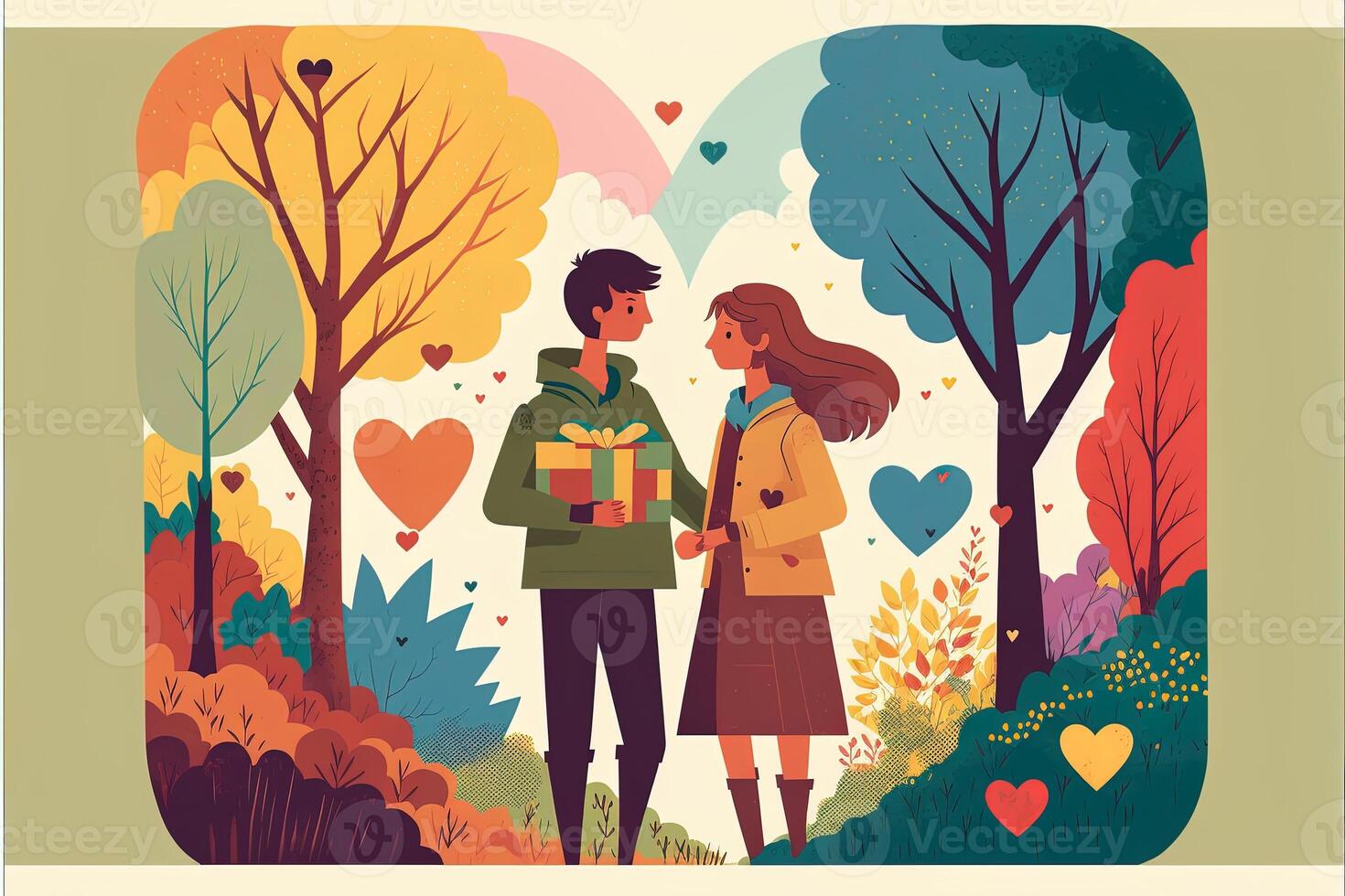 Happy young teenage couple in the park with flowers and trees in background, hybrid valentines day heart, holding heart nature play, acorns, coloured blocks, warm light, rainbow fabric, photo