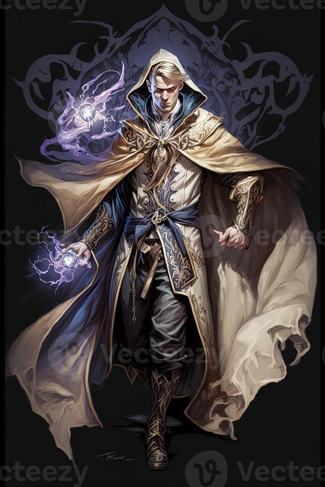 Full body view of a beautiful male sorcerer illustration, Magic sorcerer character for game. male wizard, photo