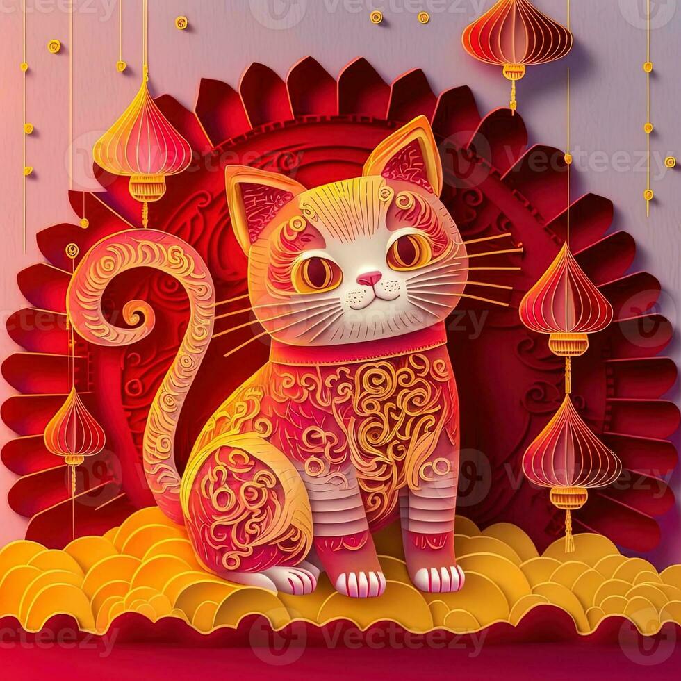 Paper cut quilling multidimensional chinese style cute zodiac cat with lanterns, blossom peach flower in background, chinese new year. Lunar new year 2023 concept photo